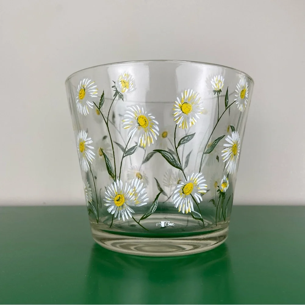 Mid-Century Cera Small Glass Ice Bucket With Daisy Motif